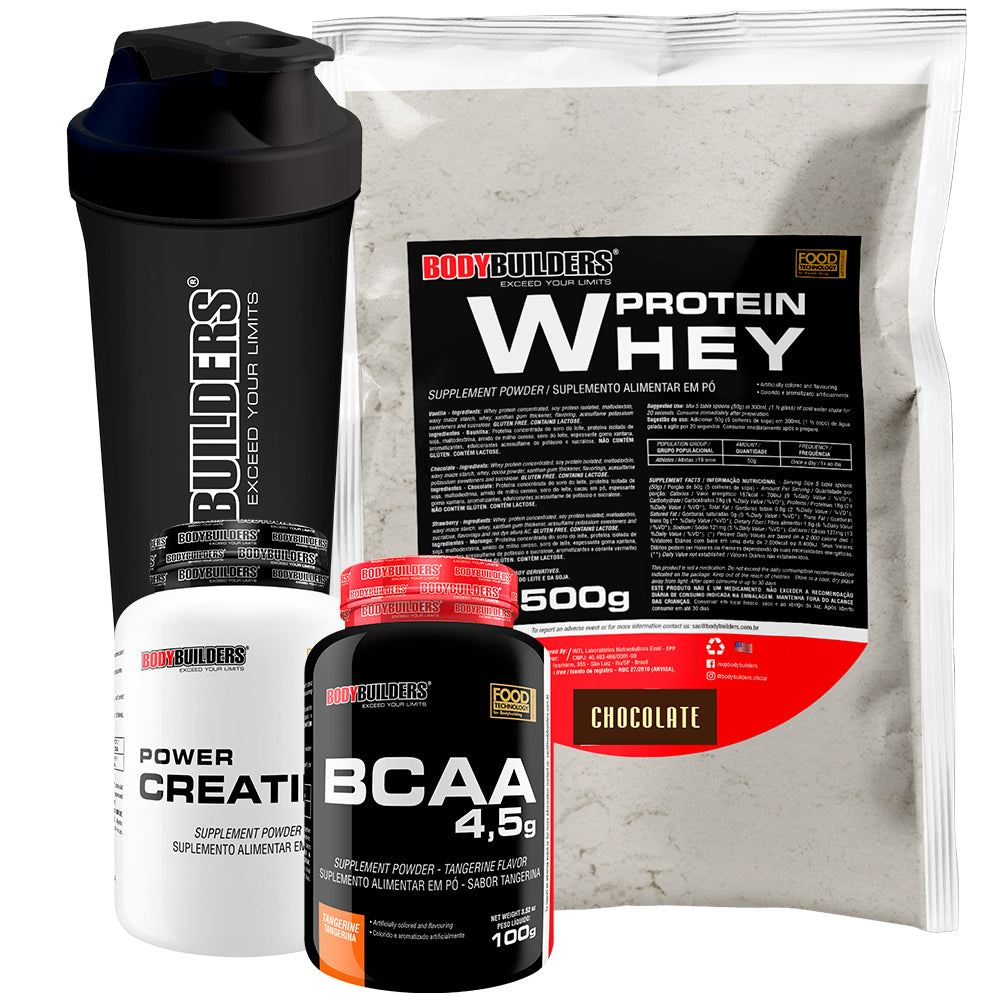 Kit Whey Protein 500g + BCAA 4,5 100g + Power Creatine 100g + Coqueteleira – Bodybuilders