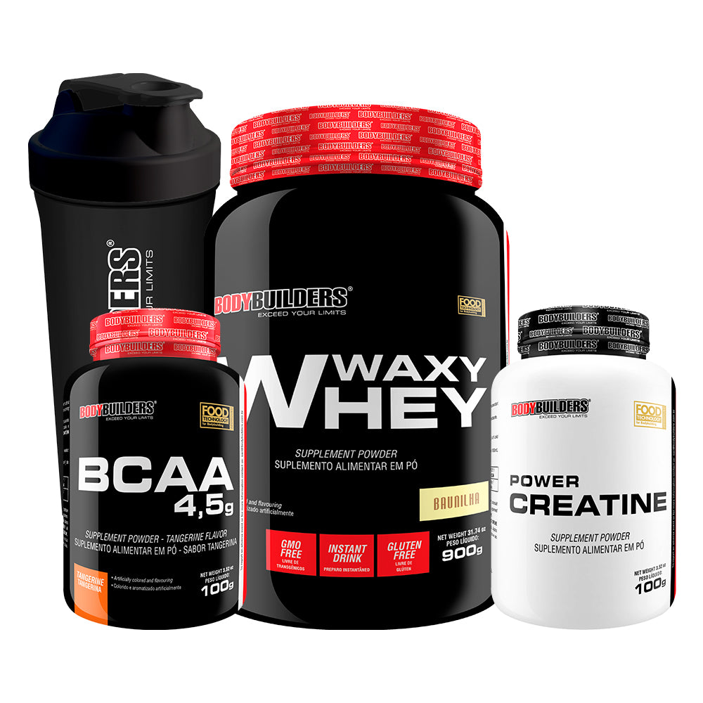 KIT Waxy Whey 900g + Power Creatina 100g + BCAA 100g + Coqueteleira - Bodybuilders