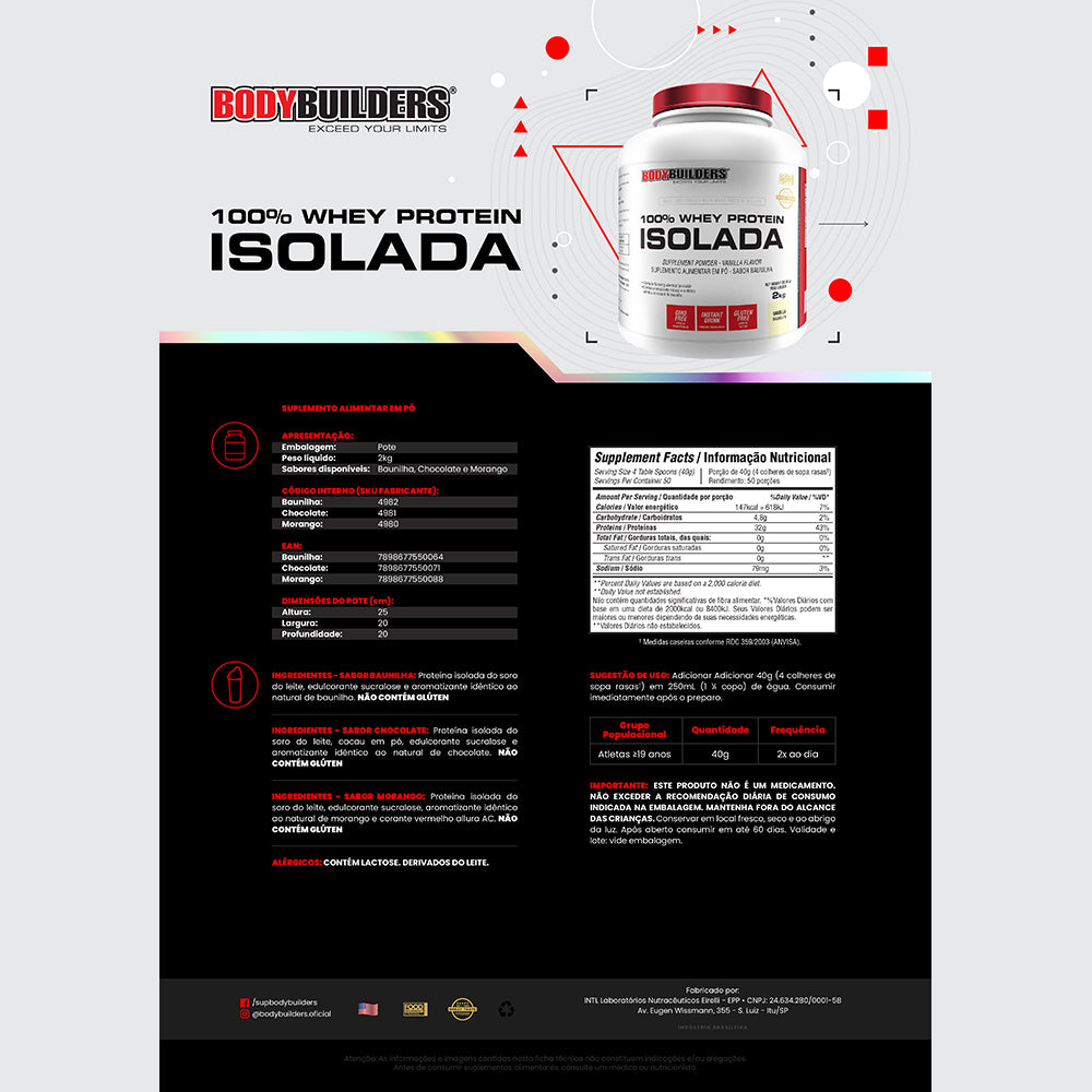 Isolated Whey Kit 2kg + Glutamine 300g + BCAA 250g + Cocktail Shaker - Bodybuilders