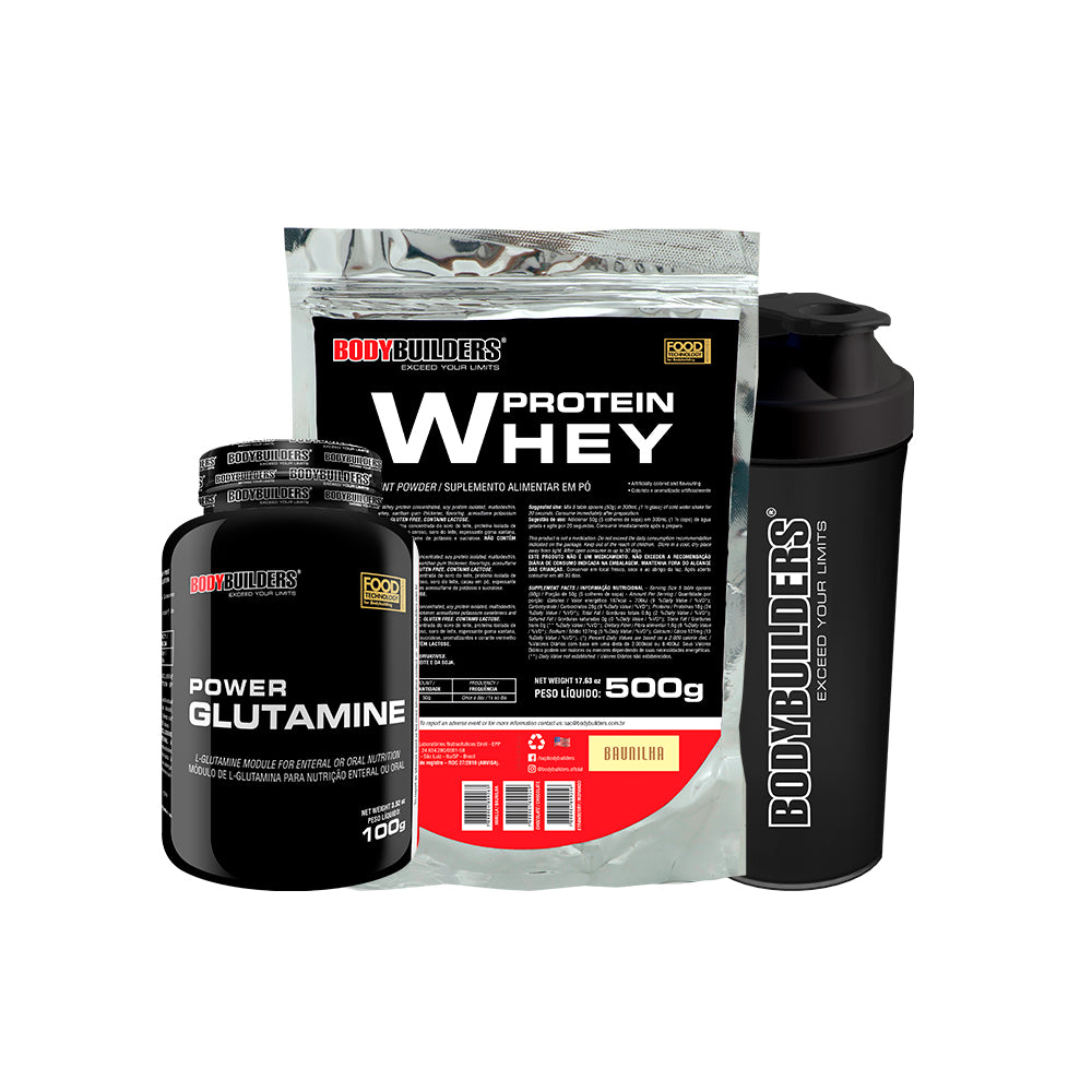 KIT Whey Protein 500g + Power Glutamine 100g + Cocktail Shaker - Bodybuilders