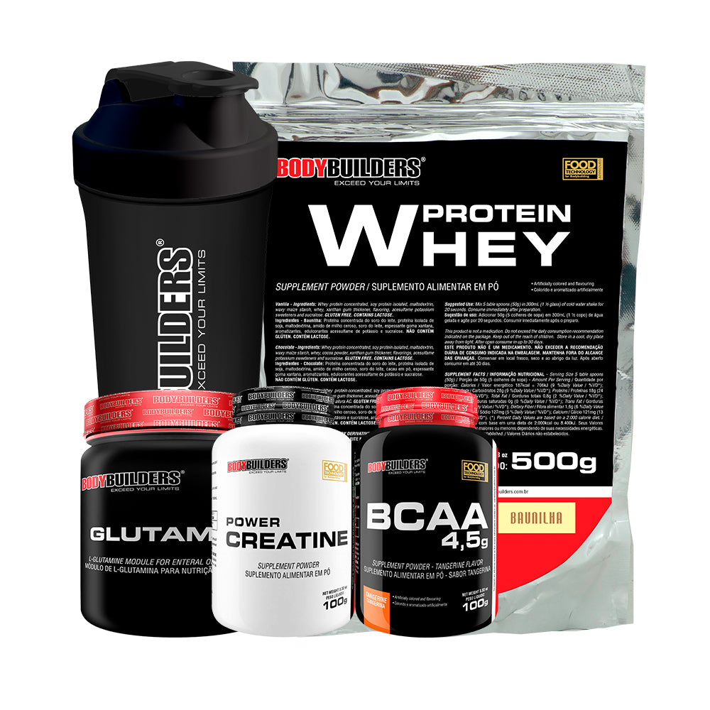 Kit Whey Protein 500g + Glutamina 300g + Power Creatina 100g + BCAA 100g + Coqueteleira - Bodybuilders