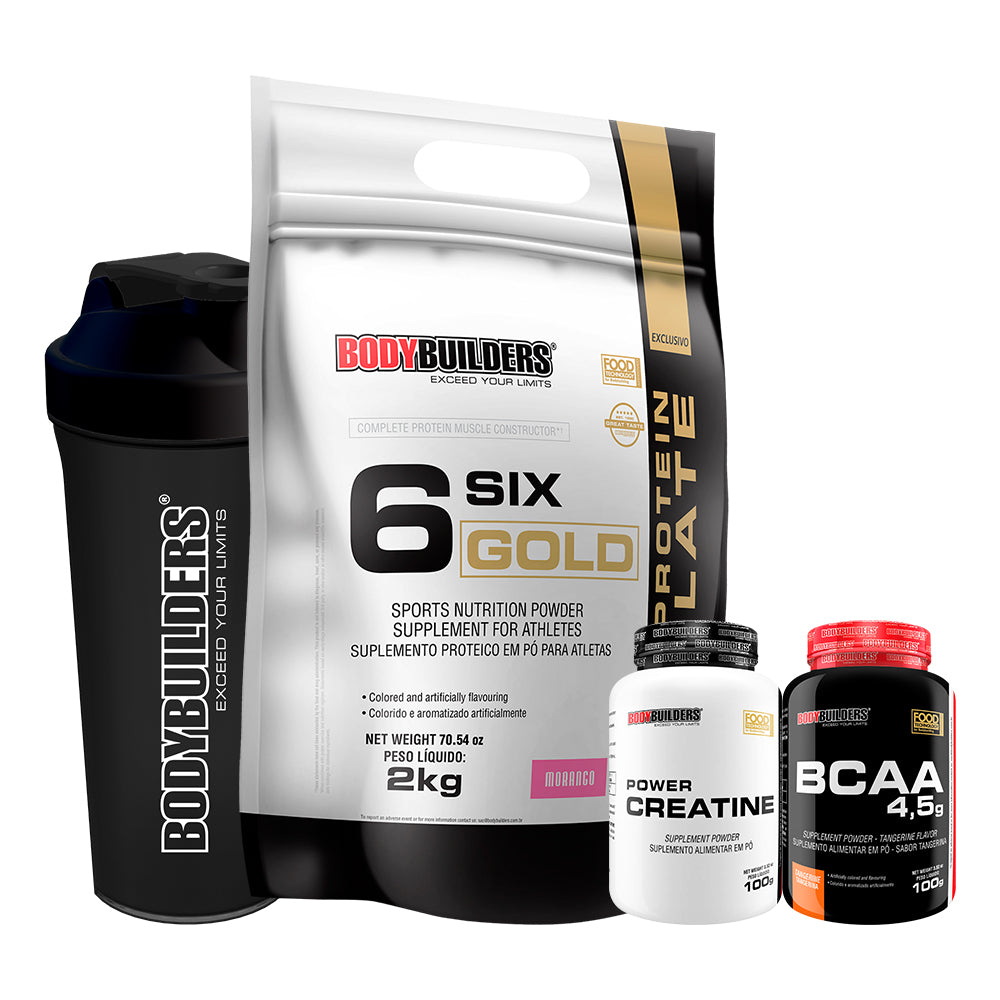 KIT Whey Protein Isolado Six Gold 2 Kg + Power Creatina 100g + BCAA 100g + Coqueteleira - BodyBuilders