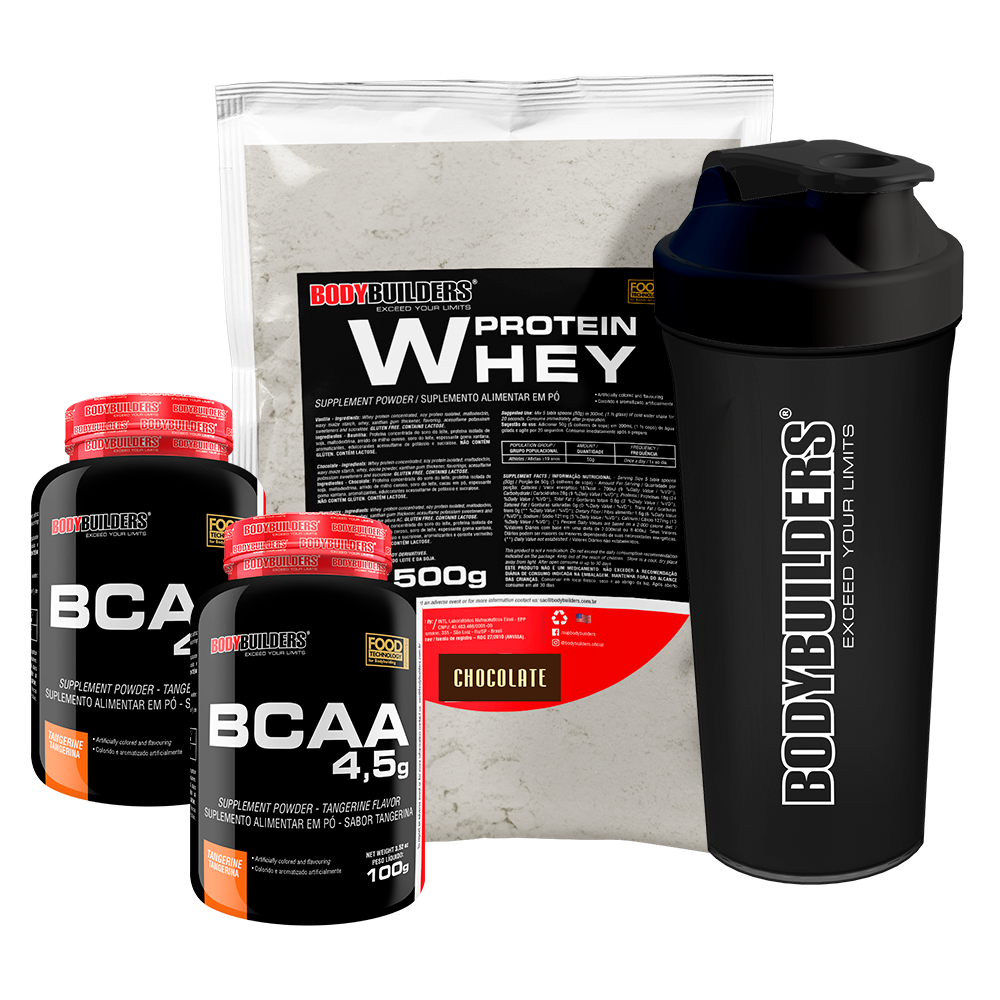 KIT Whey Protein 500g + 2x BCAA 100g + Coqueteleira - Bodybuilders