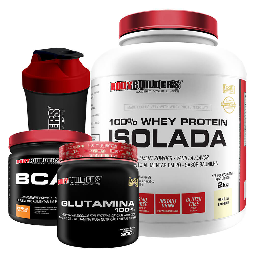 Kit Whey Isolada 2kg + Glutamina 300g + BCAA 250g + Coqueteleira - Bodybuilders