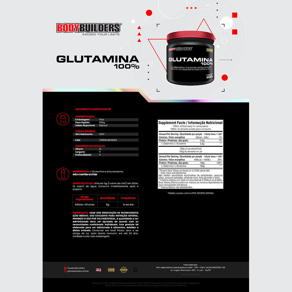 Glutamina 100% 500g – Bodybuilders