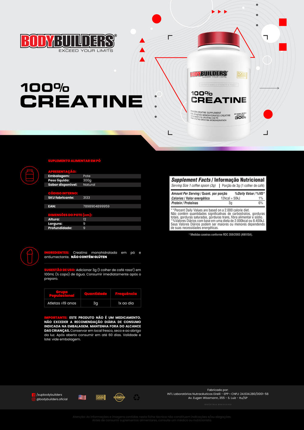 Kit 3x Creatine 100% 300g - Bodybuilders