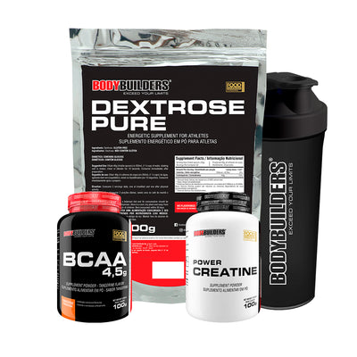 Kit Dextrose 900g + Power Creatine 100g + BCAA 4,5g 100g + Coqueteleira 600ml - Bodybuilders
