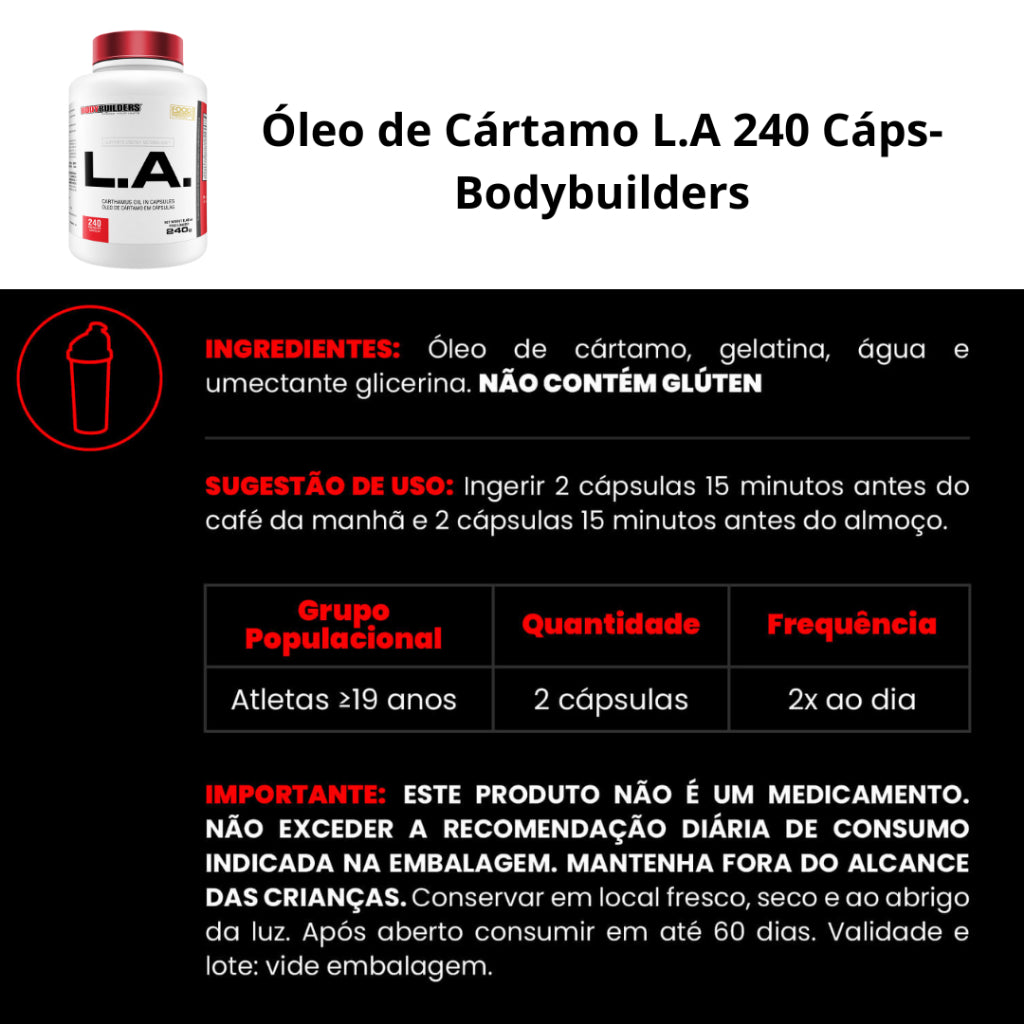 Óleo de Cártamo - L.A. Cártamo - 240 Cápsulas - Bodybuilders