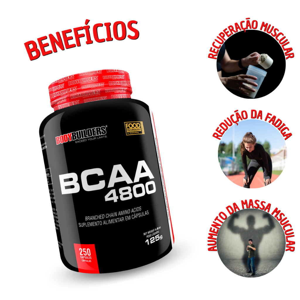 BCAA 4800 250 Cáps – Bodybuilders - Suplemento para crescimento e manutenção muscular pré-treino e pós-treino