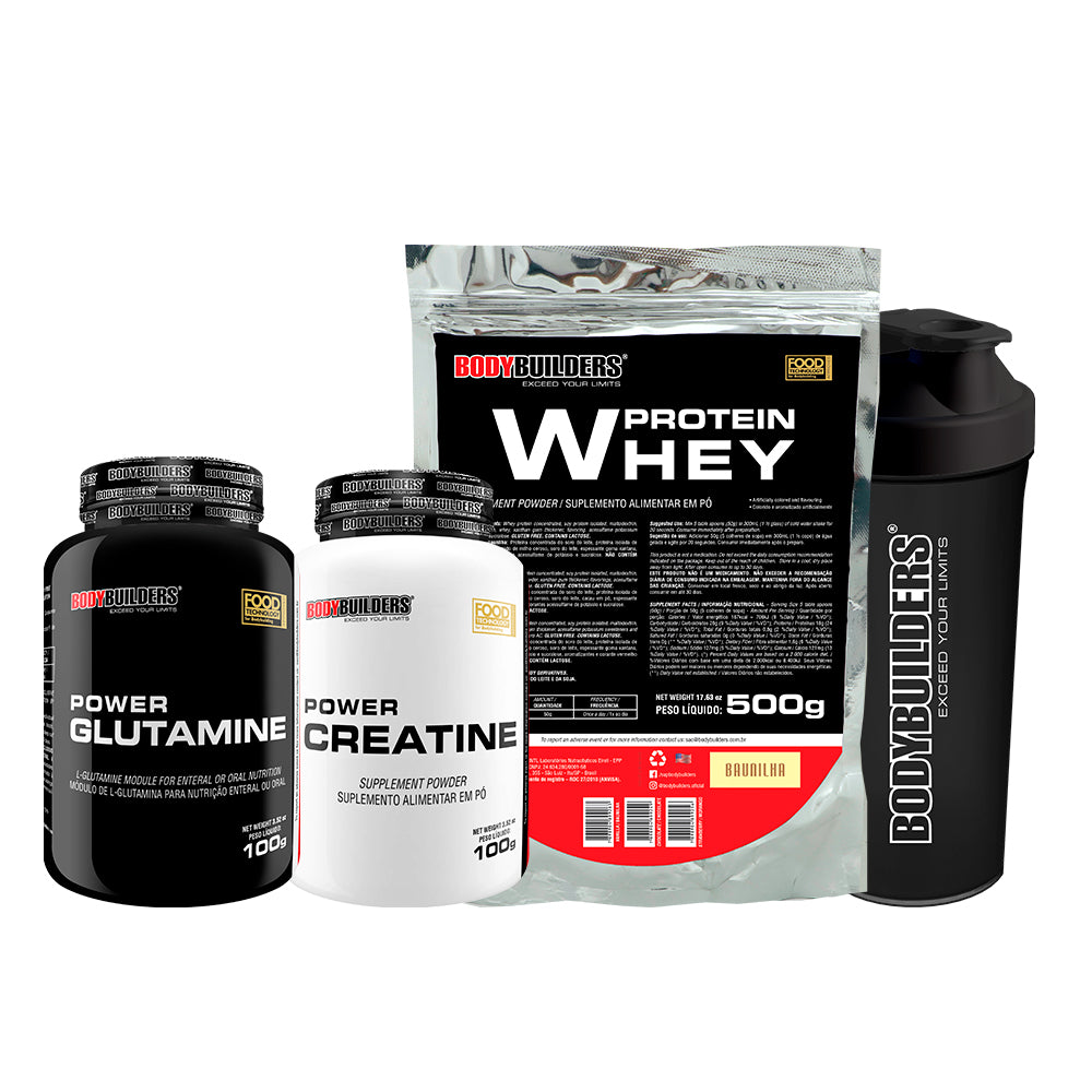 KIT Whey Protein 500g + Power Creatine 100g + Power Glutamine 100g + Cocktail Shaker - Bobybuilders