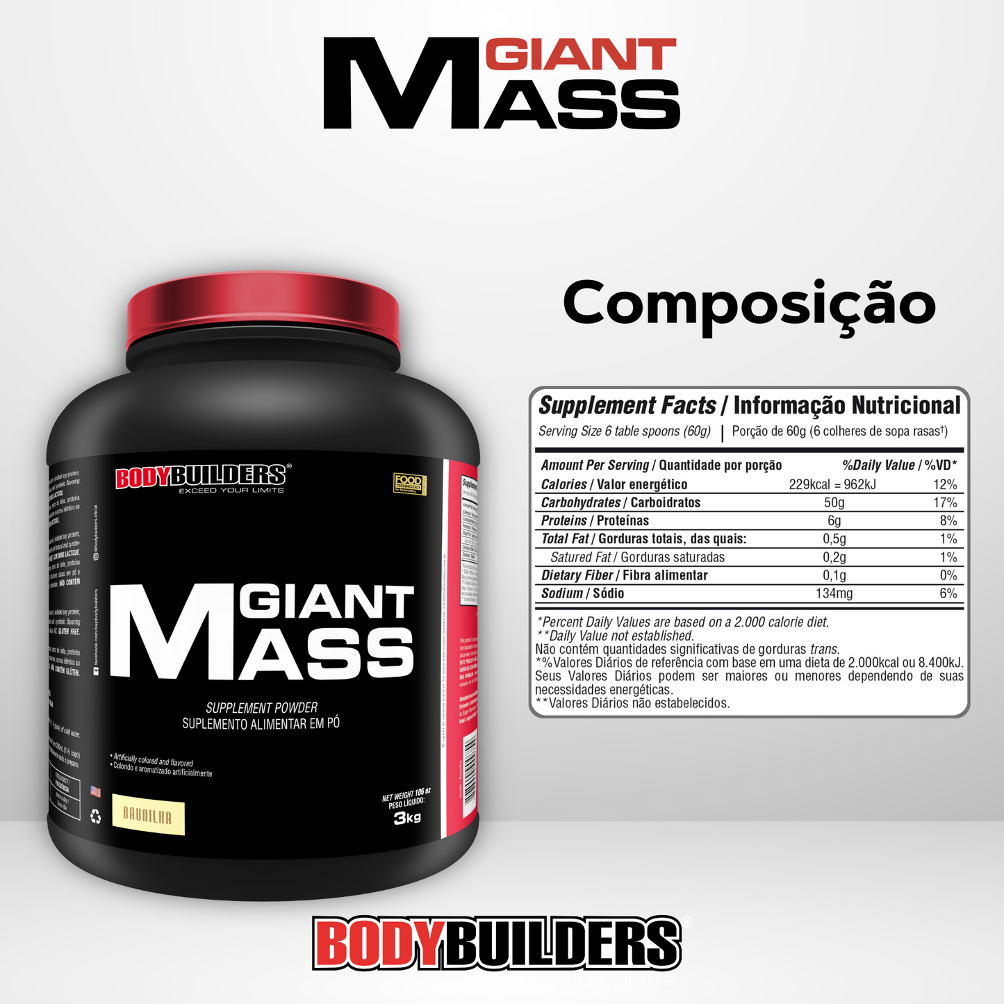 Kit Giant Mass 3kg + Power Creatina 100g + Coqueteleira 600ml - Bodybuilders