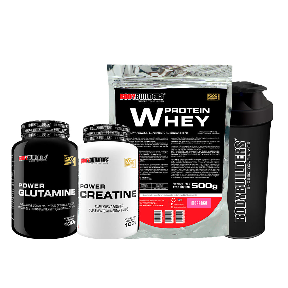 KIT Whey Protein 500g + Power Creatina 100g + Power Glutamina 100g + Coqueteleira - Bobybuilders