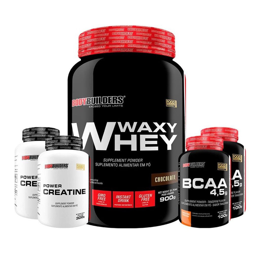 Kit Whey Protein Waxy Whey Pote 900g + 2x BCAA 100g + 2x Power Creatina 100g- Kit para Ganho de Massa Muscular-