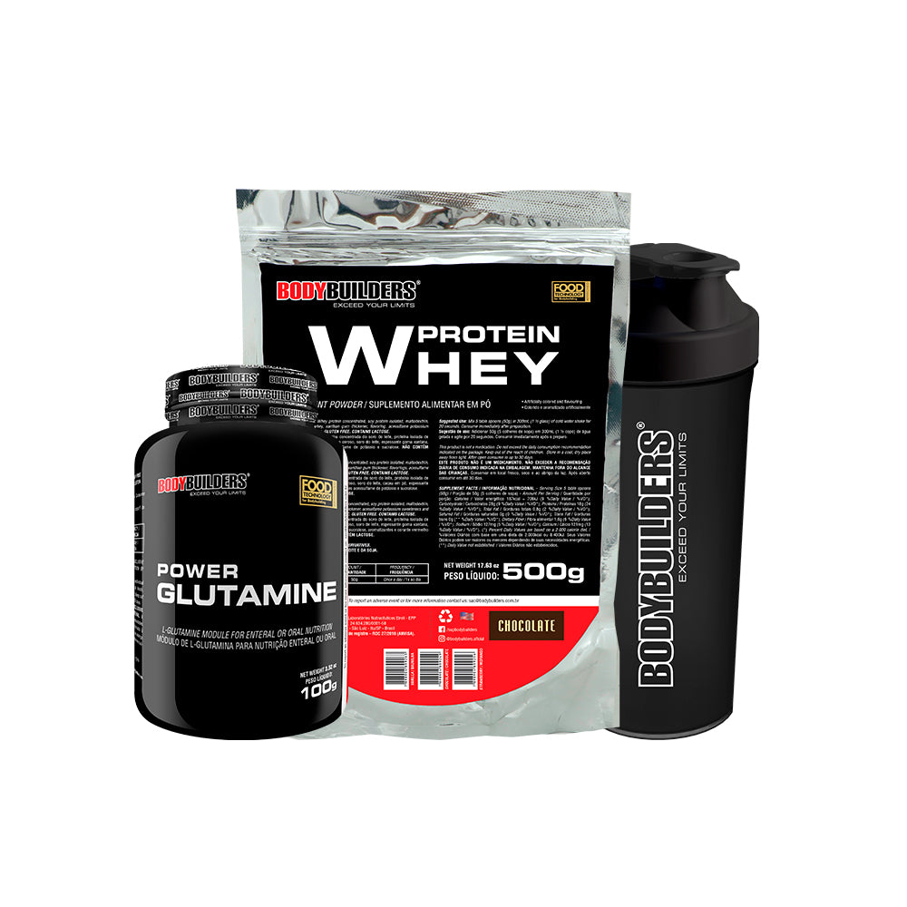 KIT Whey Protein 500g + Power Glutamine 100g + Cocktail Shaker - Bodybuilders