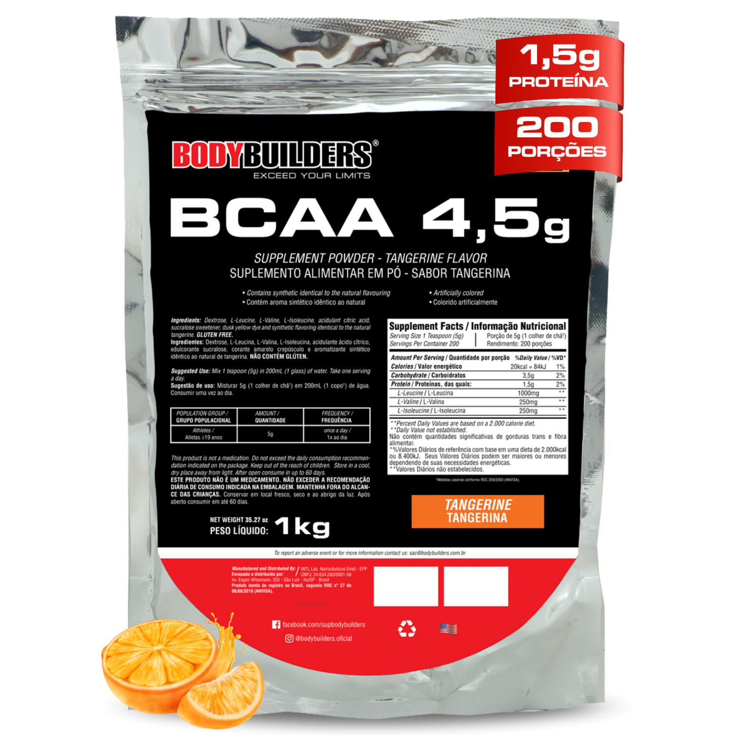 BCAA 4.5g 1kg Tangerina - Bodybuilders