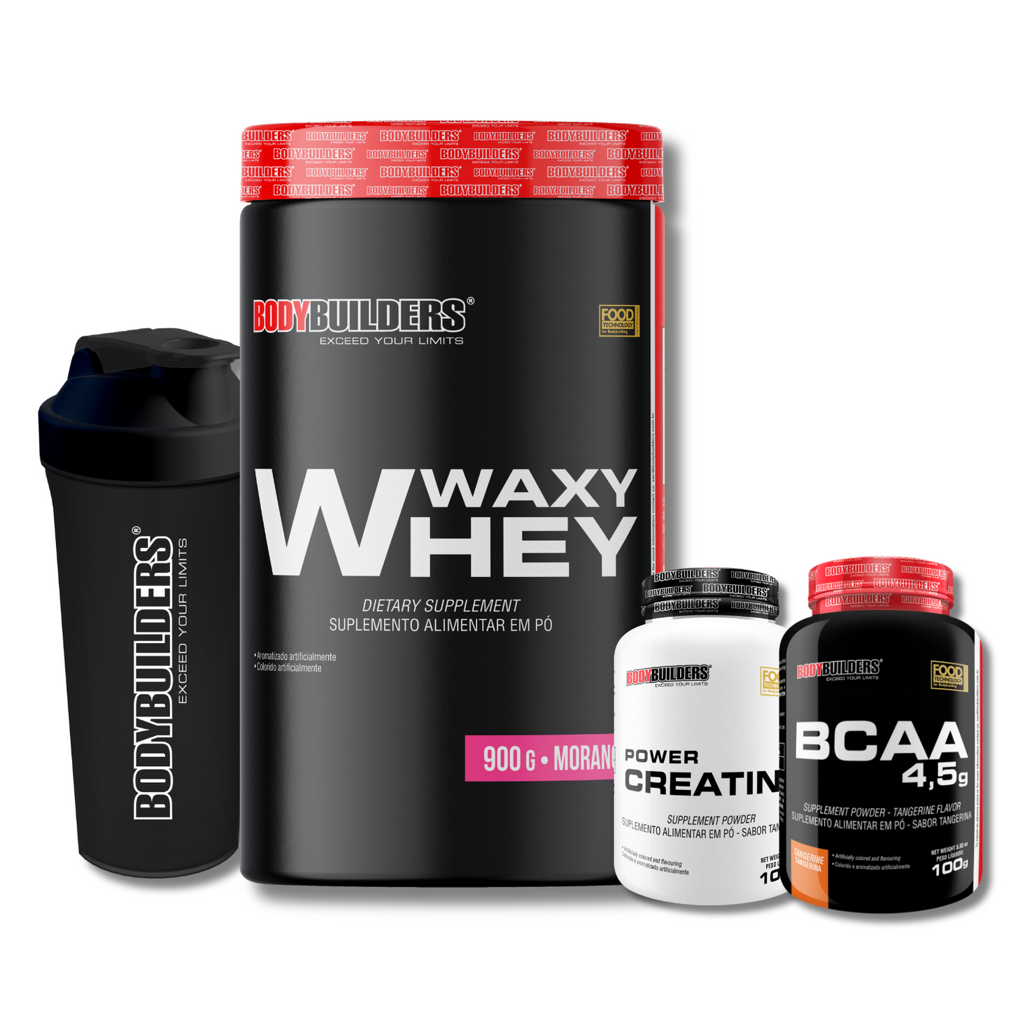 Kit Waxy Whey 900g + BCAA 4,5g 100g + Power Creatina 100g + Coqueteleira 600ml - Bodybuilders