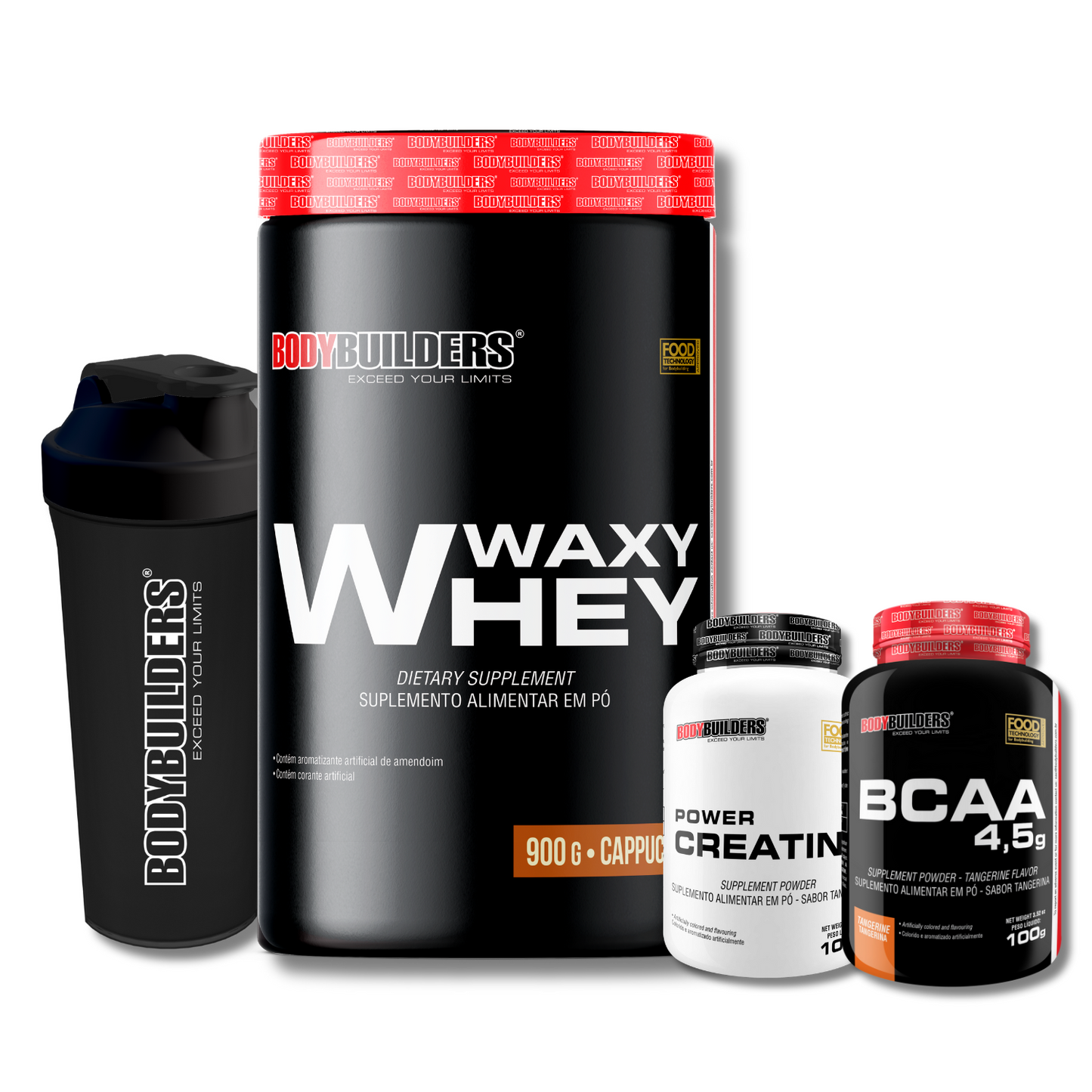 Kit Waxy Whey 900g + BCAA 4,5g 100g + Power Creatina 100g + Coqueteleira 600ml - Bodybuilders