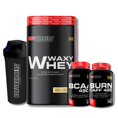 Kit Waxy Whey 900g + BCAA 4800 120 caps + Pre-workout 60 caps + Cocktail shaker - Bodybuilders