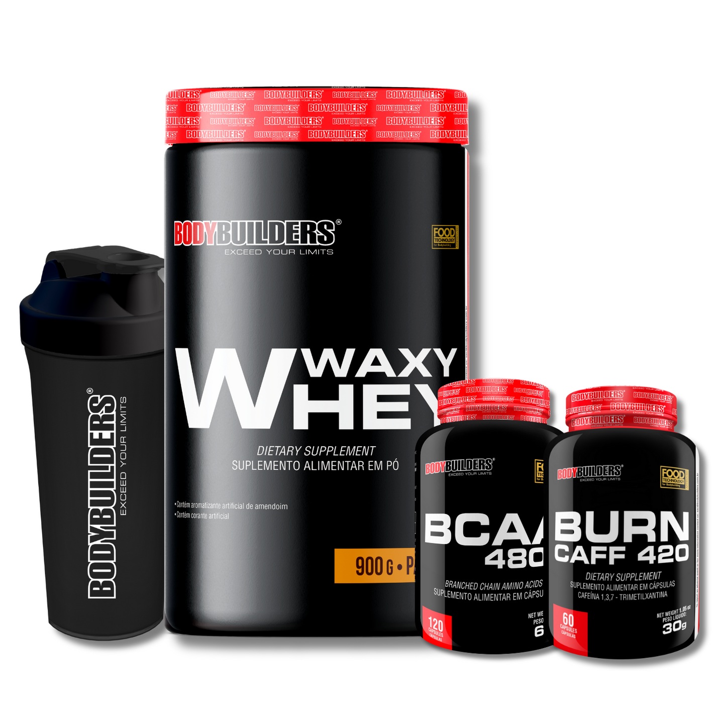 Kit Waxy Whey 900g + BCAA 4800 120Cáps + Burn Caff 60Cáps + Coqueteleira 600ml - Bodybuilders