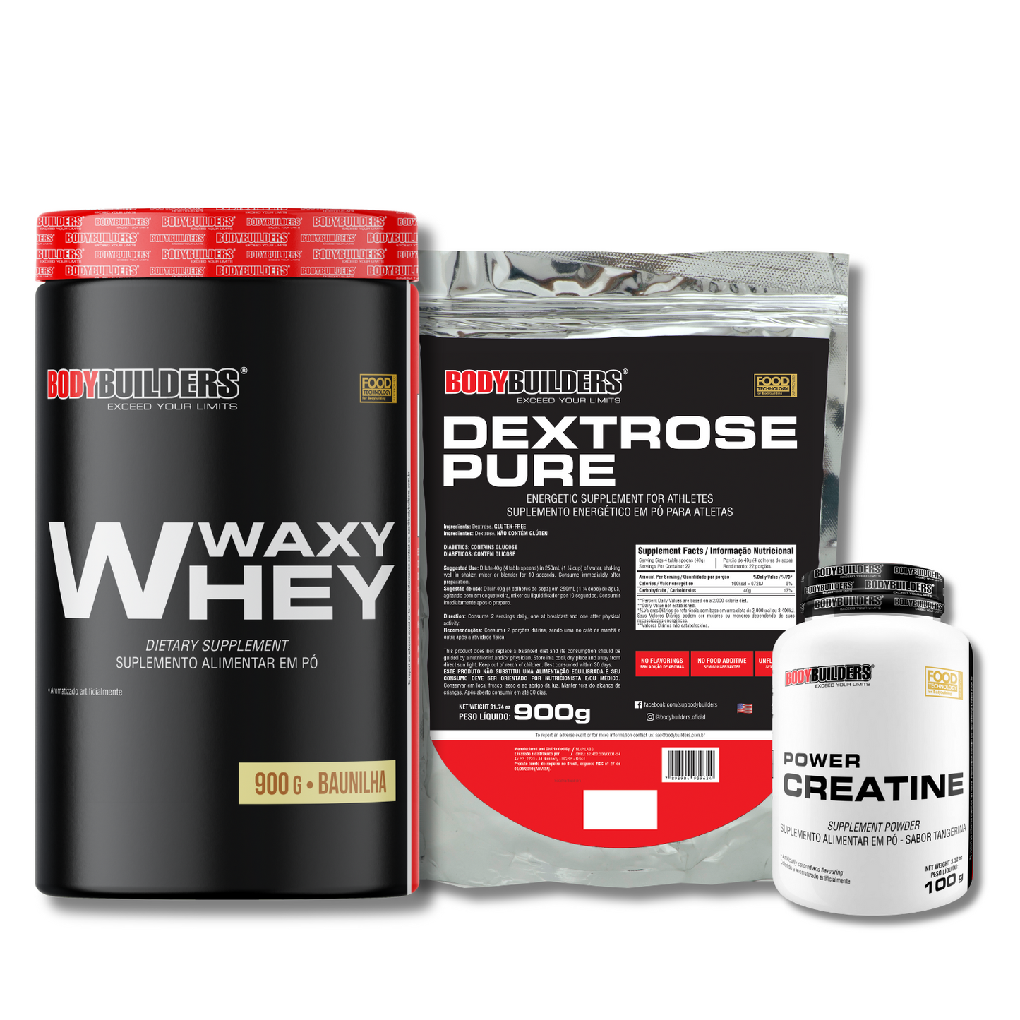 Kit Waxy Whey Protein 900g + Creatine 100g + Dextrose 900g - Bodybuilders
