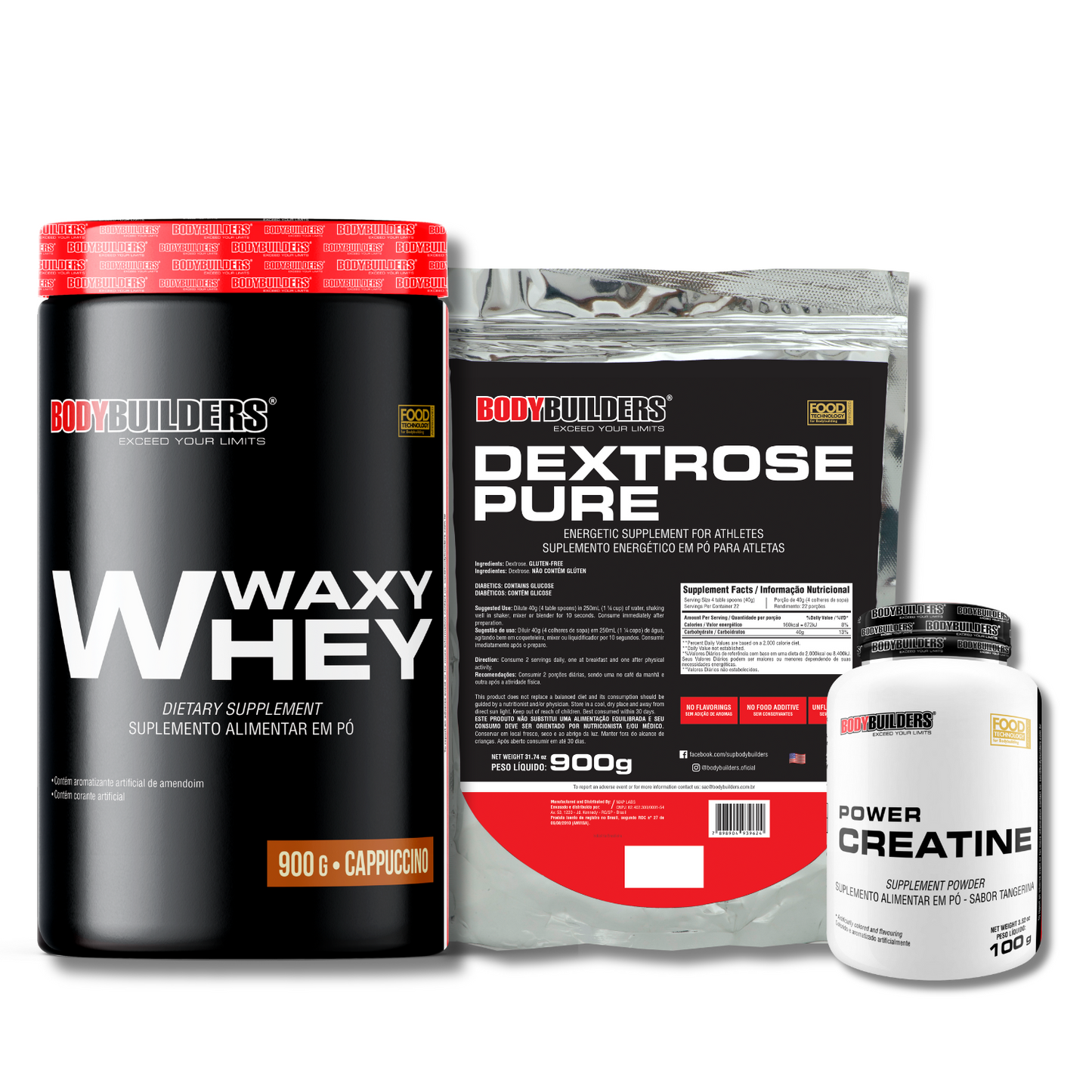 Kit Waxy Whey Protein 900g + Creatine 100g + Dextrose 900g - Bodybuilders