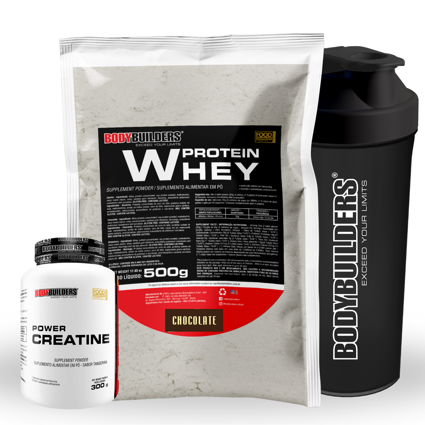 Kit Whey Protein 500g + Power Creatine 300g + Coqueteleira 600ml - Bodybuilders