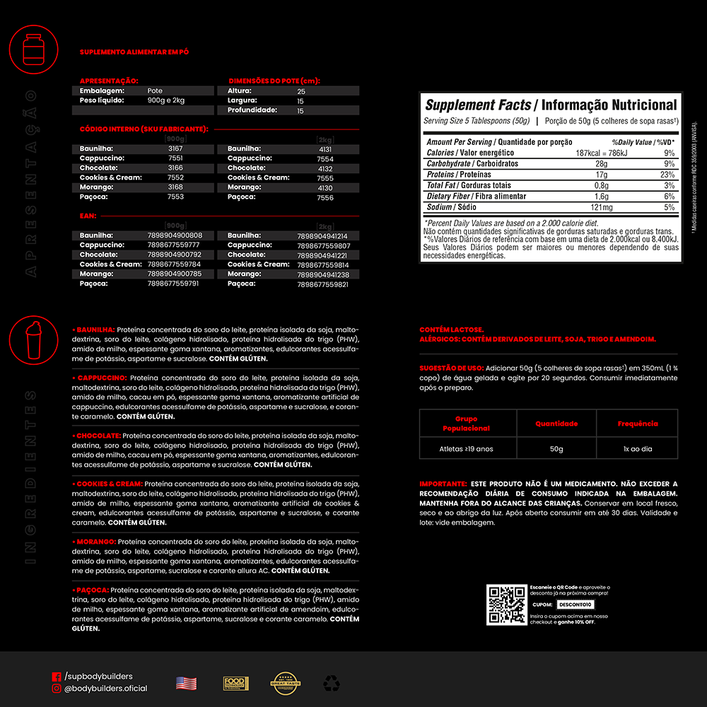 Kit Waxy Whey 900g + Whey Protein 500g + BCAA 100g + Power Creatine 100g + Cocktail Shaker - Bodybuilders