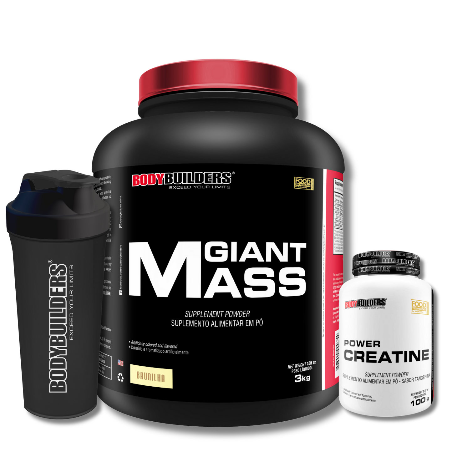Kit Giant Mass 3kg + Power Creatina 100g + Coqueteleira 600ml - Bodybuilders