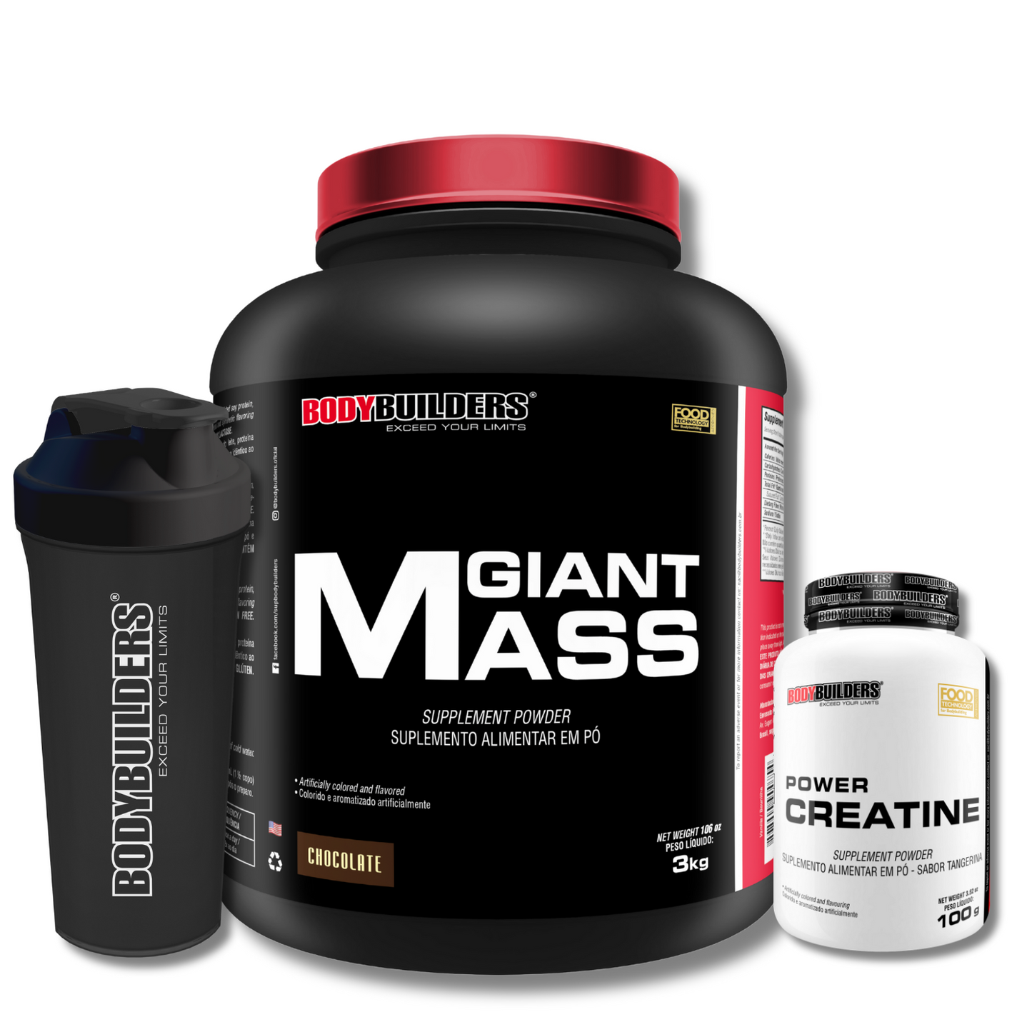 Kit Giant Mass 3kg + Power Creatina 100g + Coqueteleira 600ml - Bodybuilders