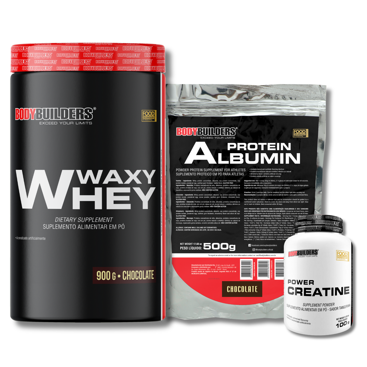 Kit Waxy Whey 900g + Albumin 500g + Power Creatine 100g - Bodybuilders
