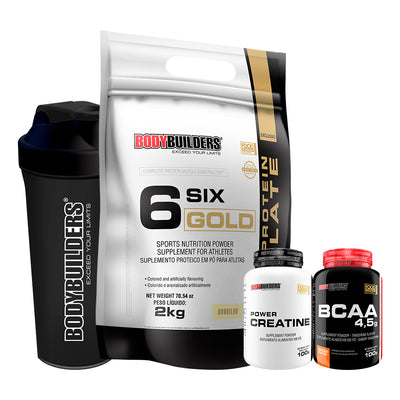 KIT Whey Protein Isolado Six Gold 2 Kg + Power Creatine 100g + BCAA 100g + Cocktail Shaker - BodyBuilders