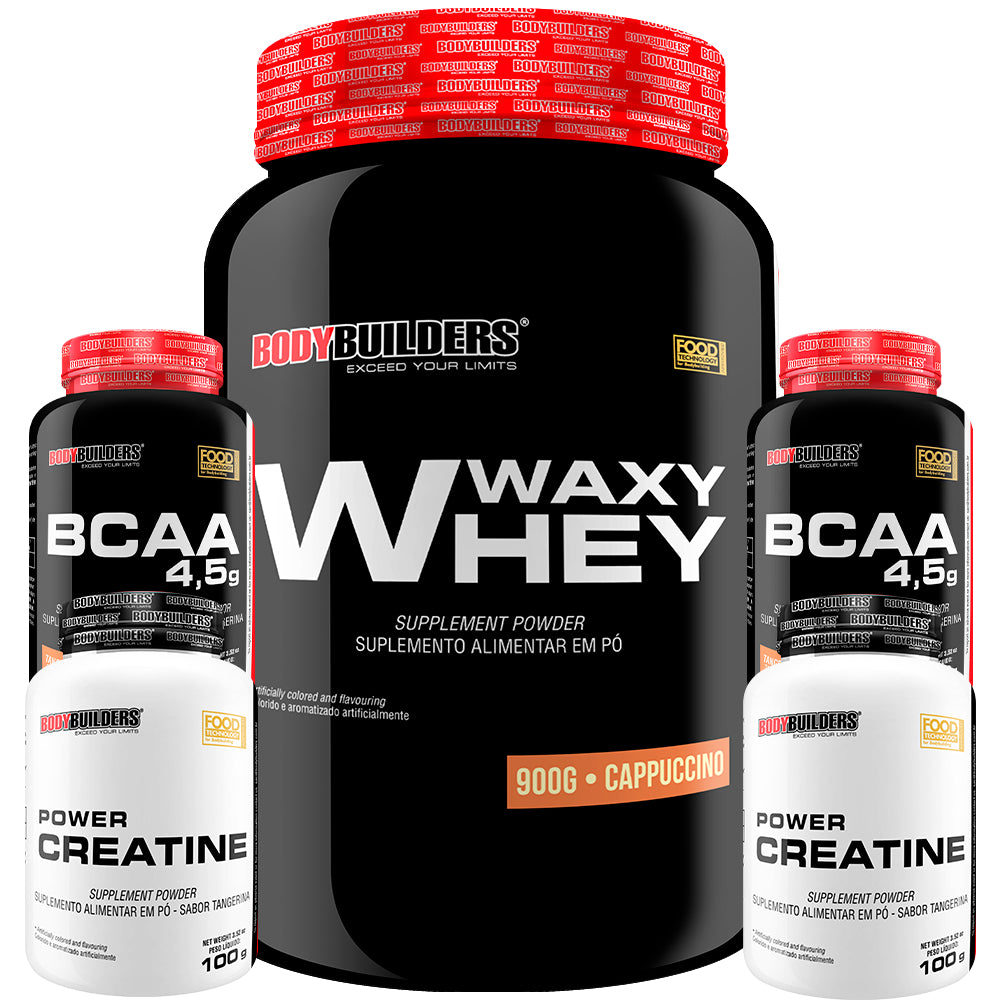 Kit Whey Protein Waxy Whey Pote 900g + 2x BCAA 100g + 2x Power Creatina 100g- Kit para Ganho de Massa Muscular-