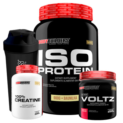 Kit Whey Protein Iso Protein 900g + Creatina 100% Pura 300g+ Pré Treino Voltz 250g + Coqueteleira