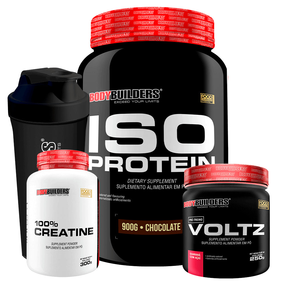 Kit Whey Protein Iso Protein 900g + Creatina 100% Pura 300g+ Pré Treino Voltz 250g + Coqueteleira