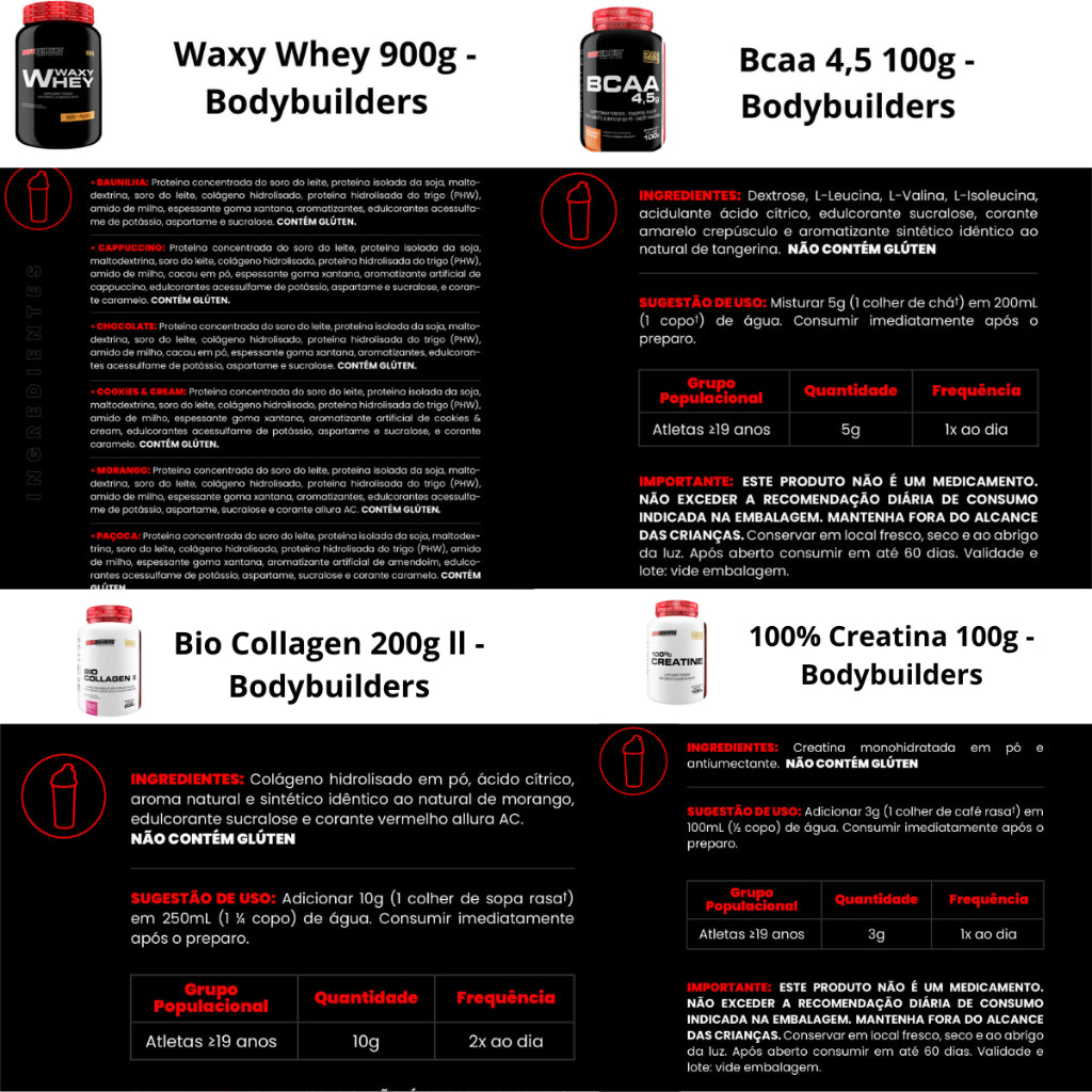 KIT Waxy Whey Protein 900g + BCAA 4.5 100g + Creatine 100g + Bio Collagen 200g - Bodybuilders