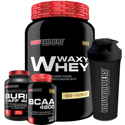 Kit Waxy Whey 900g + BCAA 4800 120 caps + Pre-workout 60 caps + Cocktail shaker - Bodybuilders