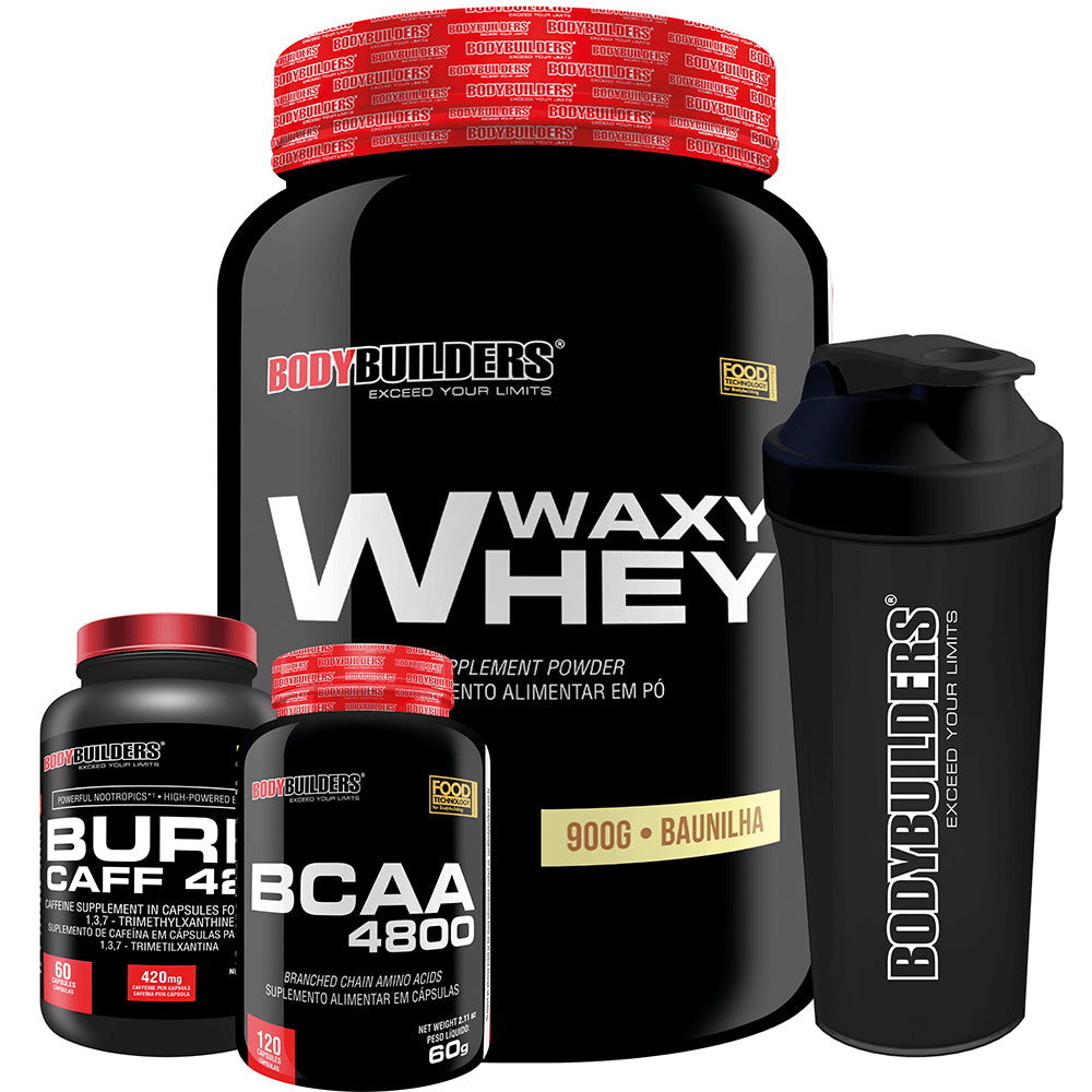 Kit Waxy Whey 900g + BCAA 4800 120 caps + Pré treino 60 caps + Coqueteleira - Bodybuilders