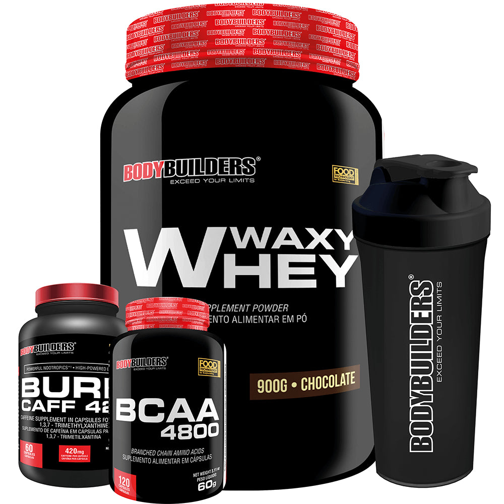 Kit Waxy Whey 900g + BCAA 4800 120 caps + Pré treino 60 caps + Coqueteleira - Bodybuilders