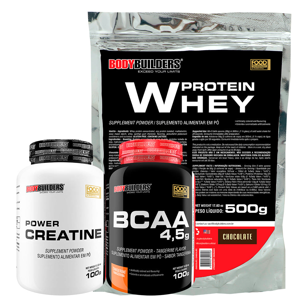 Kit Whey Protein 500g + BCAA 100g+ Power Creatina 100g - Bodybuilders