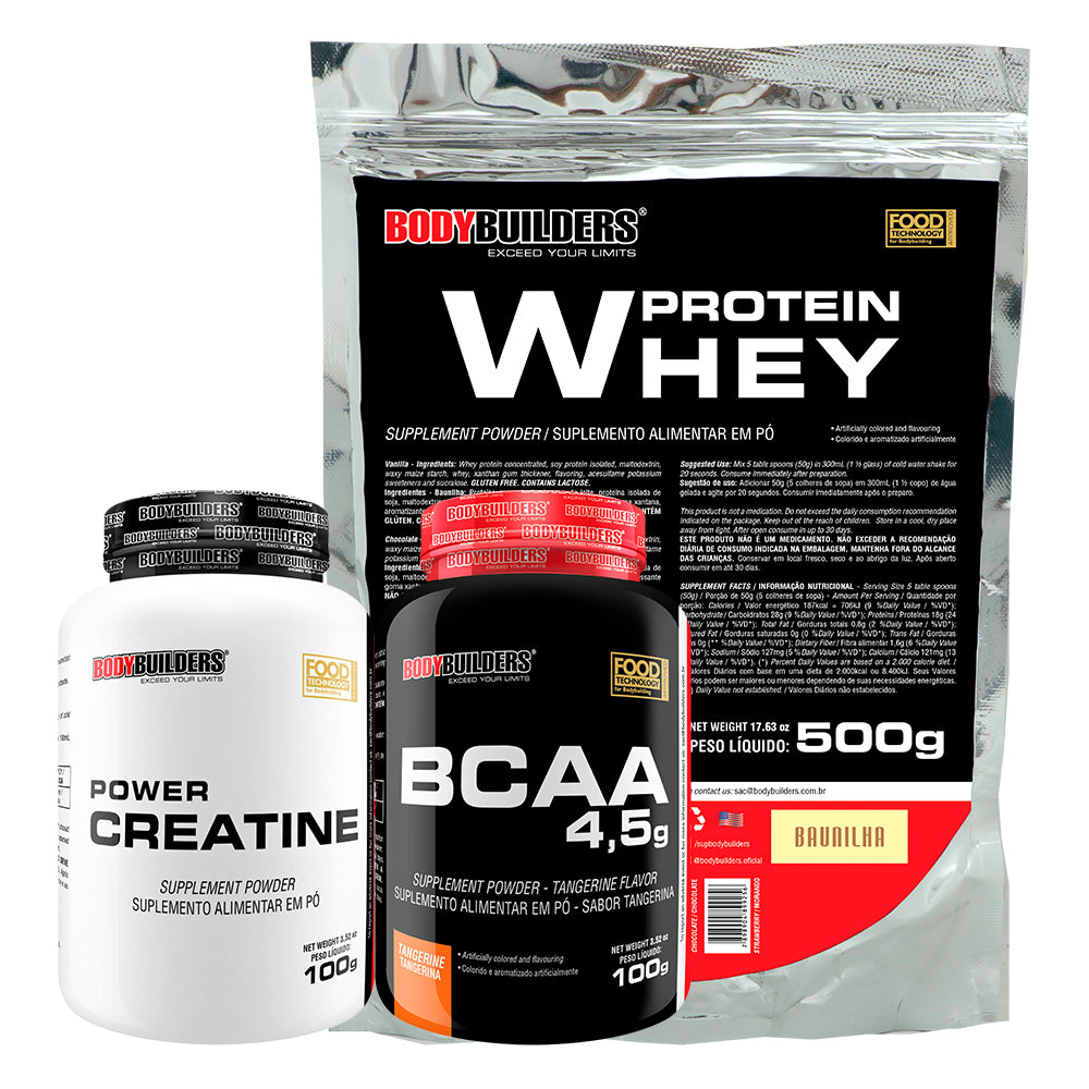 Kit Whey Protein 500g + BCAA 100g+ Power Creatina 100g - Bodybuilders