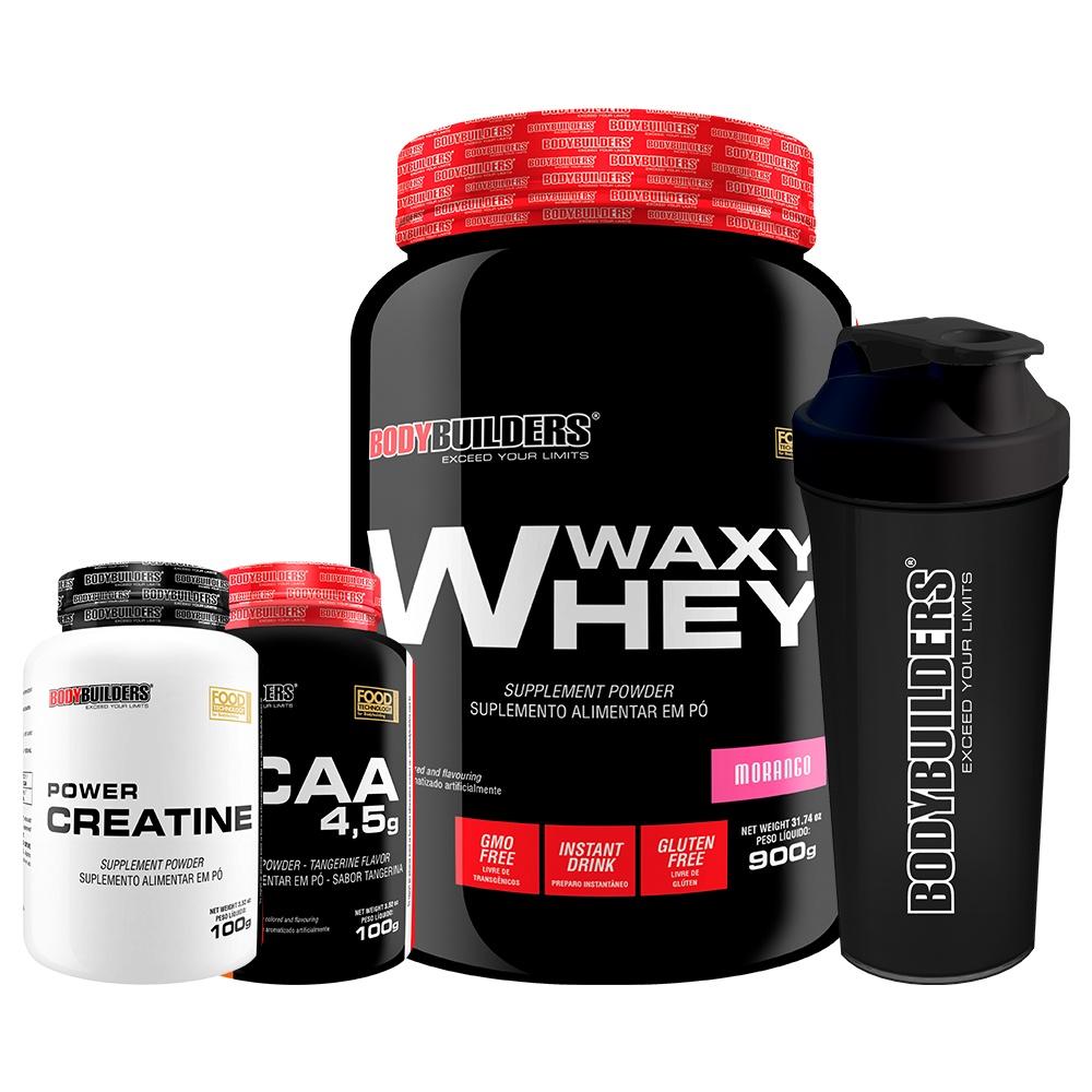 KIT Waxy Whey 900g + BCAA 100g + POWER Creatina 100g + Coqueteleira - Bodybuilders