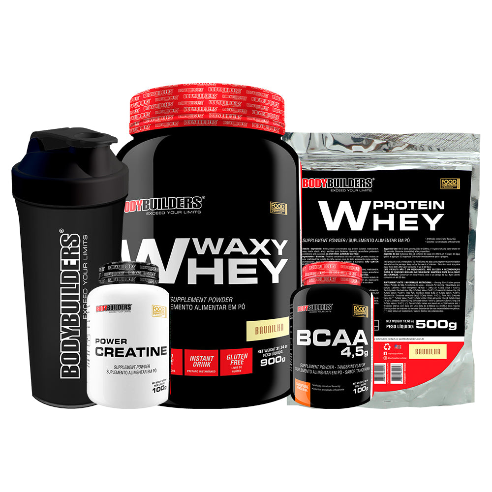 Kit Waxy Whey 900g + Whey Protein 500g + BCAA 100g + Power Creatine 100g + Cocktail Shaker - Bodybuilders