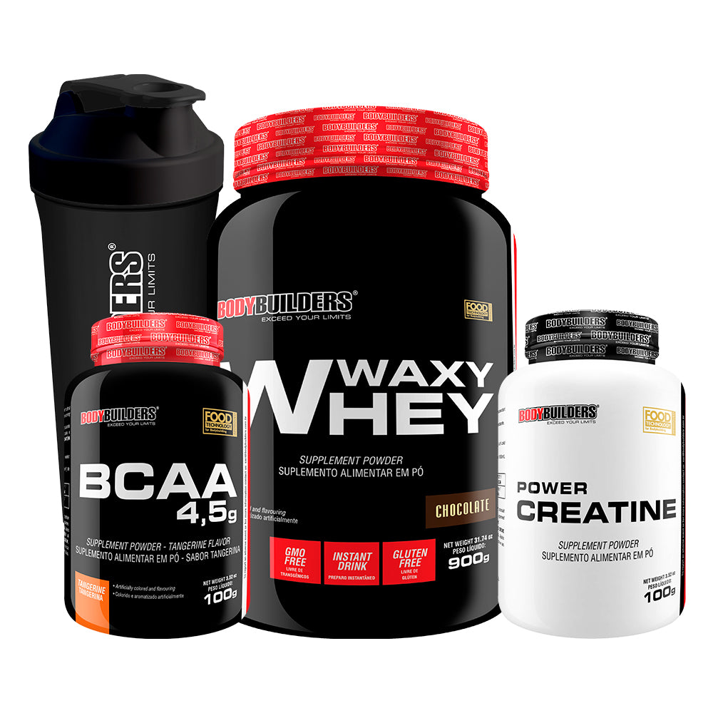 KIT Waxy Whey 900g + Power Creatine 100g + BCAA 100g + Cocktail Shaker - Bodybuilders