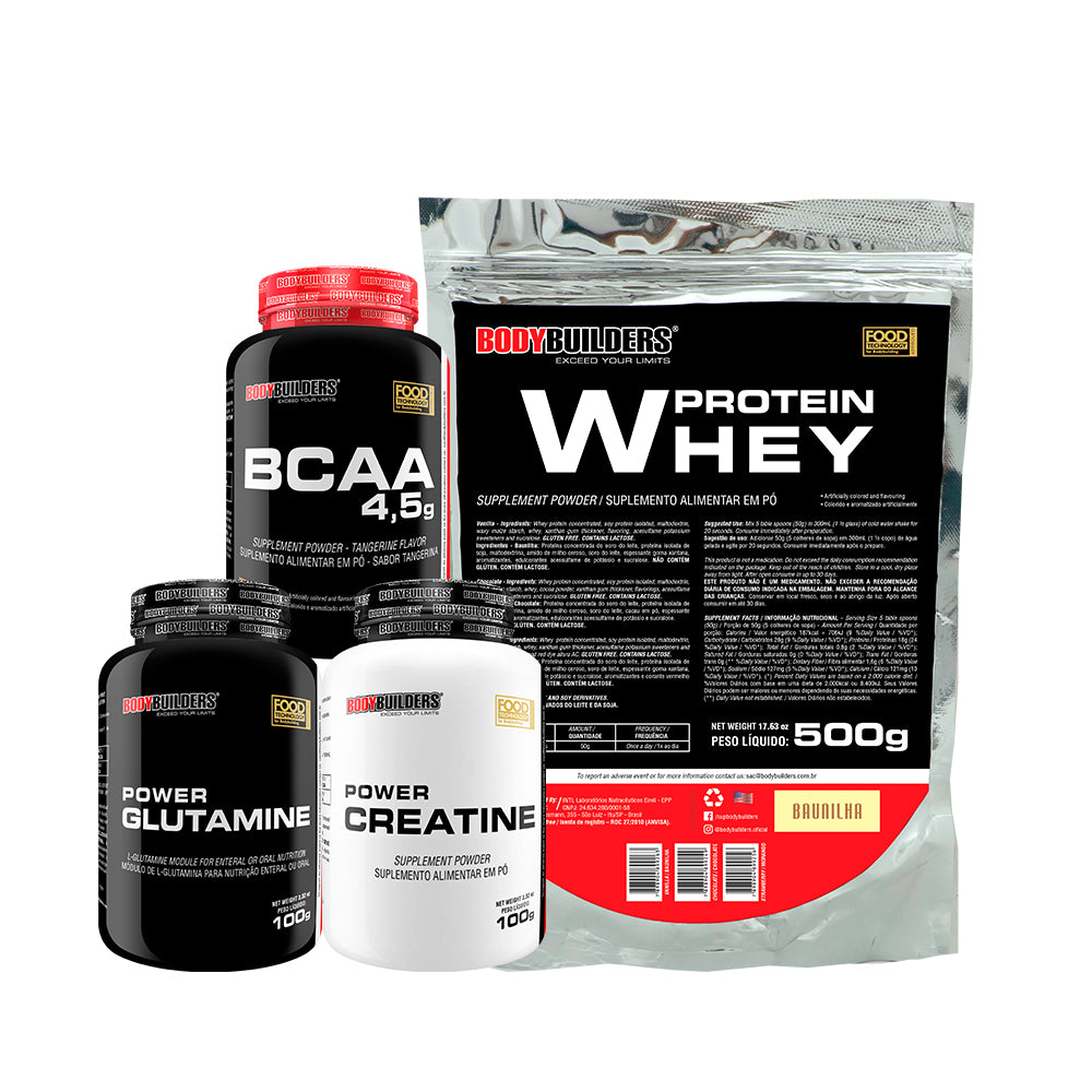 KIT Whey Protein 500g + Power Creatina 100g + POWER Glutamina 100g + BCAA 4.5g 100g - Bodybuilders