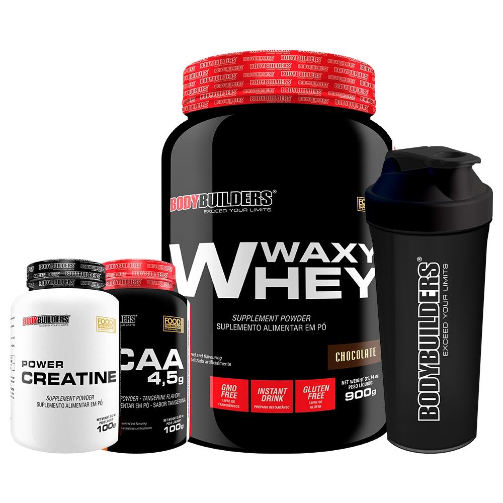 KIT Waxy Whey 900g + BCAA 100g + POWER Creatina 100g + Coqueteleira - Bodybuilders