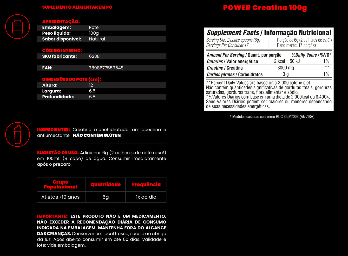 Kit Dextrose 900g  + Creatina 100g  + BCAA 100g - Bodybuilders