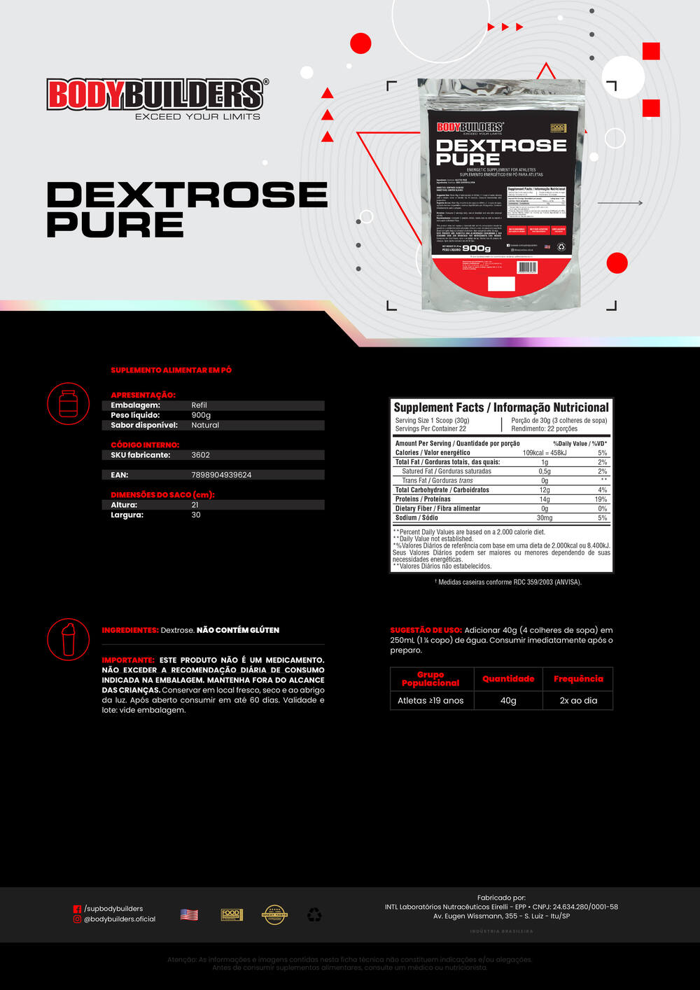 Kit Dextrose 900g  + Creatina 100g  + BCAA 100g - Bodybuilders